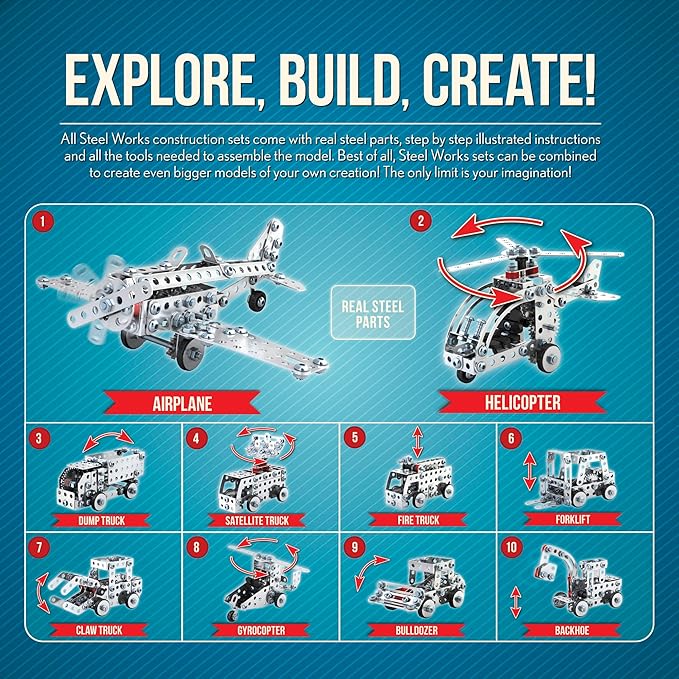 Schylling Steel Works Mechanical Multi-Model - Steel Building Set - Includes 300 Pieces, Tools, and Instructions to Make 10 Different Models - Ages 8 and Up