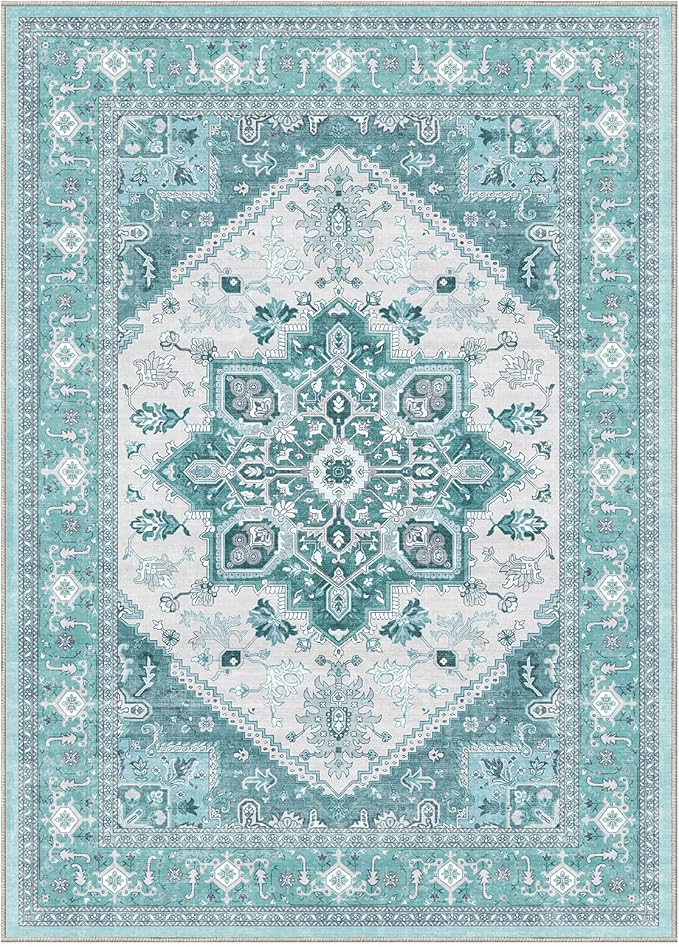 OPPODREAM Thin Area Rugs 4x6, Low-Pile Washable Rugs 4x6 with Non Slip Backing, Faux Cashmere 4 x 6 Throw Carpet, Teal & Turquoise & Cream
