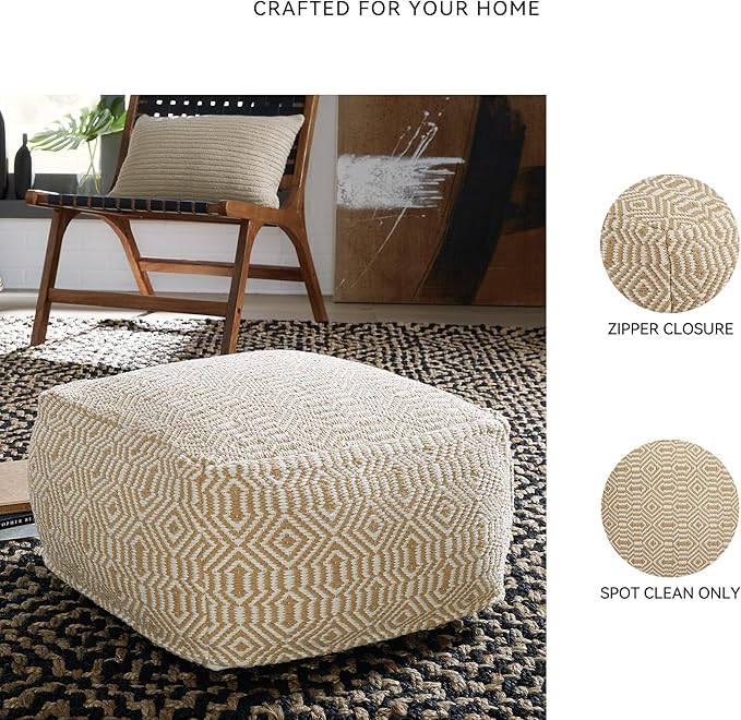 Signature Design by Ashley Adamont Casual Handwoven Geometric Pouf, Beige & White