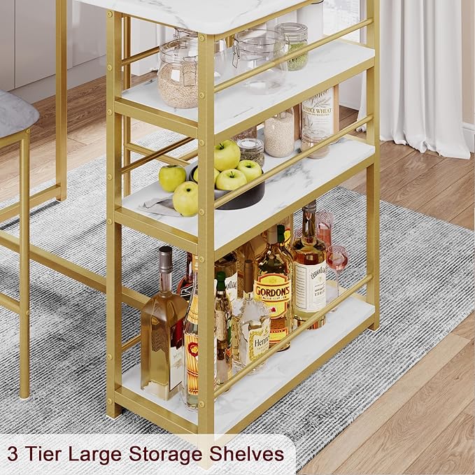 CABIHOME Dining Table Set for 2, Kitchen Table and Velvet Upholstered Chairs for 2, 3 Piece Counter Height Bar Table Set with 3 Large Storage Shelves for Small Space, Apartment, Gray and Gold White