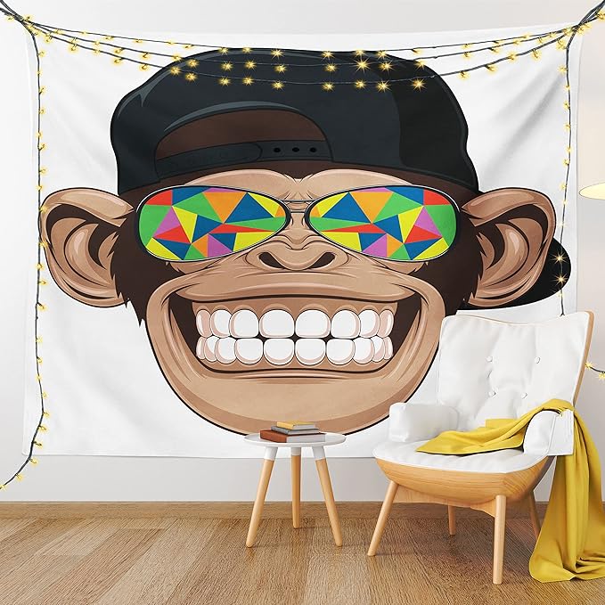 Ambesonne Cartoon Tapestry, Fun Hipster Monkey with Colorful Sunglasses and Hat Rapper Hippie Ape Art, Fabric Wall Hanging Decor for Bedroom Living Room Dorm, 23" X 28", White Brown