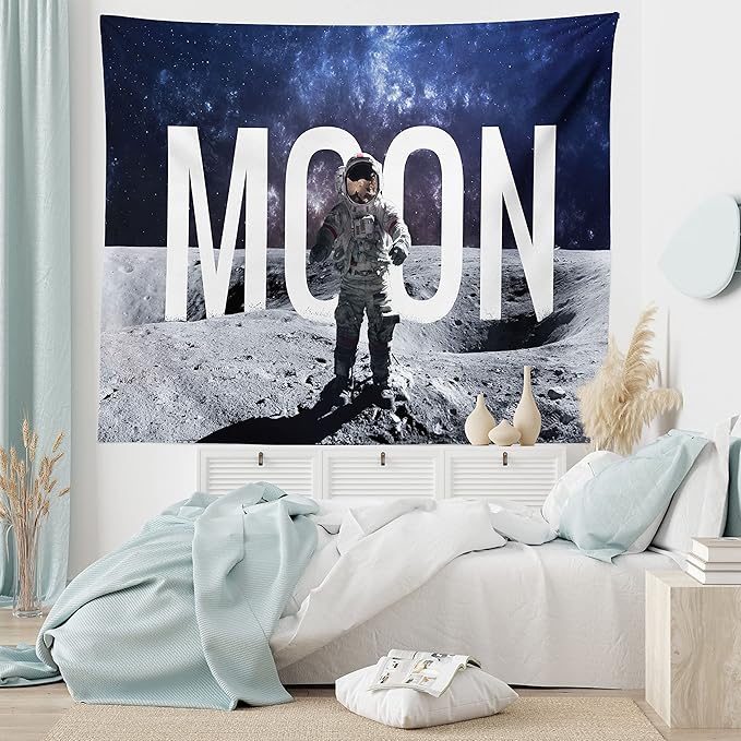 Ambesonne Outer Space Tapestry, Miniature Toy Astronaut on The Foreground of Giant Moon Big Bang Mars Print, Fabric Wall Hanging Decor for Bedroom Living Room Dorm, 45" X 30", Grey Blue