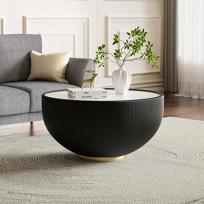 Round Coffee Table Set with Sintered Stone Tabletop, 27.56" Black Drum Center Table and 19.69" Orange Coffee Table Set, 2 Pieces Living Room Table Set with Fluted PU Leather Cover& Metal Base