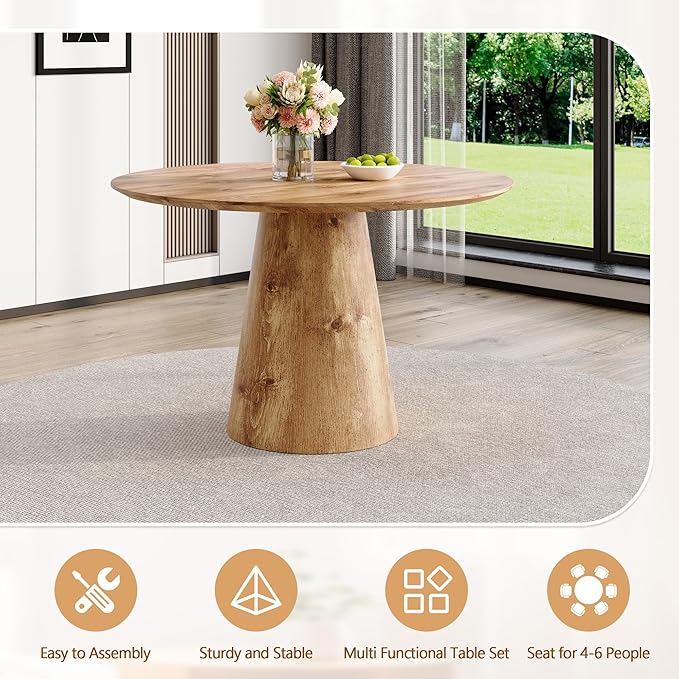 Round Dining Table Set for 6,45'' Farmhouse Dining Room Table Set for 6 with Suede Chairs,1" Thick Wood Pattern Tabletop with Conical Base,7 Pieces Kitchen Table Set for Dining Room,Apartment