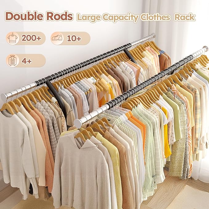 Raybee 74" W Clothes Rack Load 630 LBS, Clothing Racks for Hanging Clothes, Adjustable Heavy Duty Clothes Rack, Double Rods Metal Garment Rack for Bedroom Wardorbe Closet Living Room