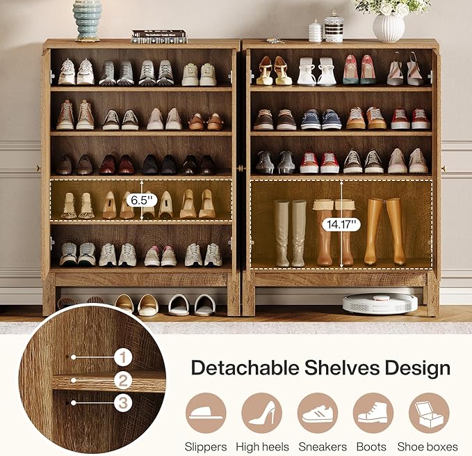 Tribesigns Shoe Cabinet with Doors, 5-Tier Shoe Storage Cabinet with Adjustable Shelves, 20 Pairs Wooden Shoe Rack Organizer, Tall Narrow Shoe Cabinet for Entryway, Hallway, Living Room, Rustic Brown