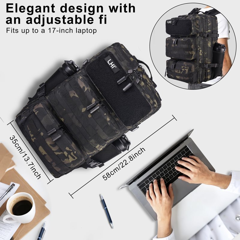LHI Military Tactical Backpack for Men and Women 50L Army 3 Days Assault Pack Bag Large Rucksack with Shoe Compartment - Black CP