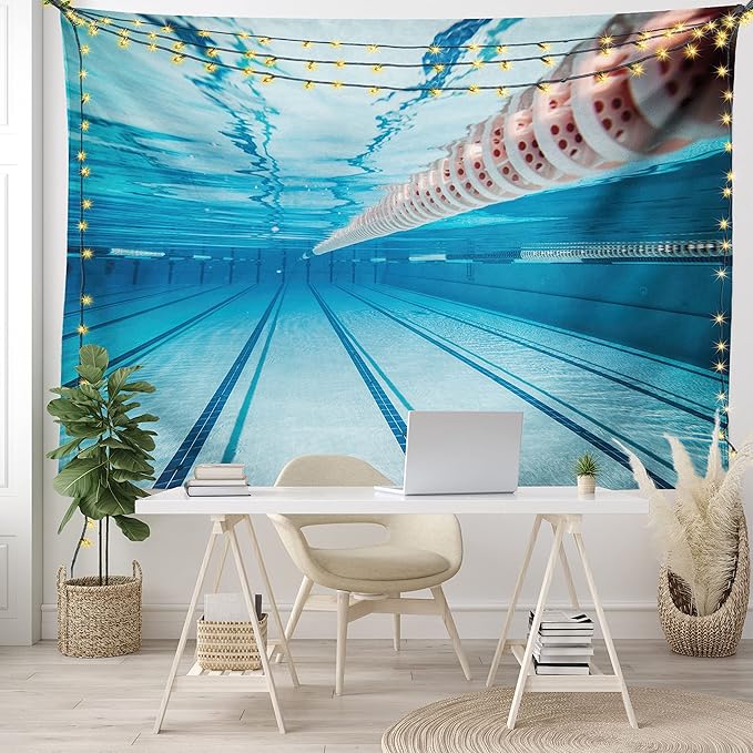 Ambesonne Sports Tapestry, Swimming Pool Underwater View Relaxing Exercise Hobby Leisure Activity Theme Picture, Fabric Wall Hanging Decor for Bedroom Living Room Dorm, 45" X 30", Sky Blue