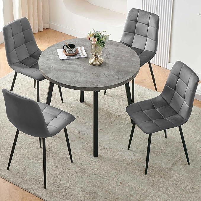 Modern 4-Person Round Dining Table Set, Space-Saving for Kitchen, Living Room, Apartment, Includes Dining Table & 4 Grey Chairs,Small Dining Room Set for 4