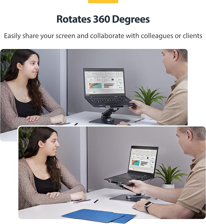 StarTech.com Telescopic Laptop Stand, 360 Swivel Base, Rotating Computer Riser for Desk, Adjustable Height/Tilt, Max 11lb/5kg