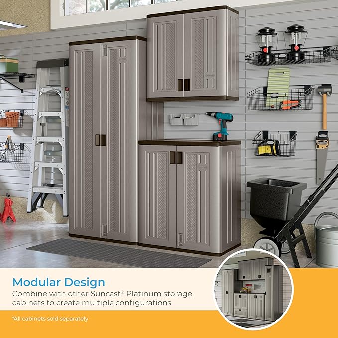 Suncast Tall Storage Cabinet, Platinum Resin Garage Storage Cabinet with Doors & Shelves, Plastic, Lockable, Freestanding Utility Closet for Tools & Supplies, Made in USA