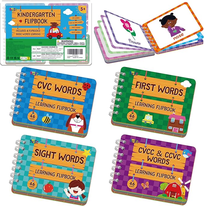 4 Kindergarten Learning Flipbooks, Double-Sided Mini Book Set - CVC, CVCC&CCVC, Sight Words & First Words, Early Educational Language Learning Tool for Kids