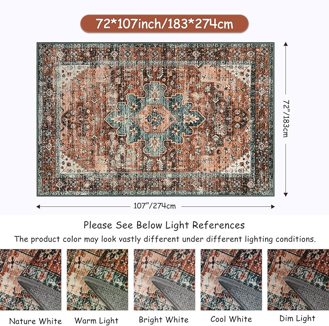 Moynesa Ultra-Thin Vintage Area Rug - 6x9 Washable Bedroom Rug Large Living Room Rug Non-Slip Dining Room Mat, Oriental Printed Low Pile Nursery Carpet for Office Kitchen Entryway, Brick Red/Dull Teal