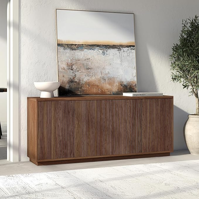 Henn&Hart 68'' Fluted Sideboard Buffet Cabinet, Ribbed Modern Wooden Credenza with 4 Doors, Adjustable Shelves, and Cable Management Cut-Outs for Dining Room, Kitchen, or Living Room, Satin Walnut