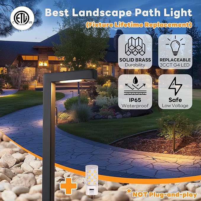 Brass Low Voltage Path Lights, Warm & Neutral White Adjustable 12V Landscaping Pathway Light IP65 Waterproof, Walkway Lighting Outdoor, LED Bronze for Lawn Garden with G4 Bulb (4 Pack)