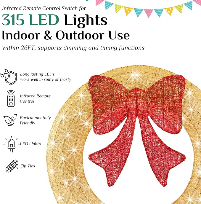 Sweetcrispy 48in Pre-Lit Christmas Wreath, LED Lighted Holiday Outdoor Decoration with Bow for Door, Mantel, Wall, Windows, Front Door Decor, Gold Wreath - Red Bow