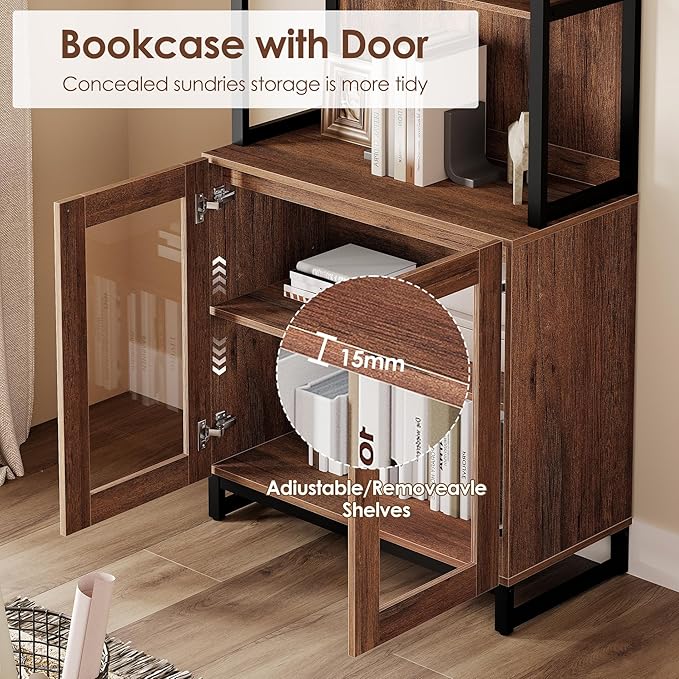WAMPAT 4 PCS Modern 72" Tall Bookcases with Glass Doors and Adjustable Shelves, Library Book Shelf with Storage Cabinet and Open Book Shelfs, Wood Bookshelves for Home Office, Living Room, Brown