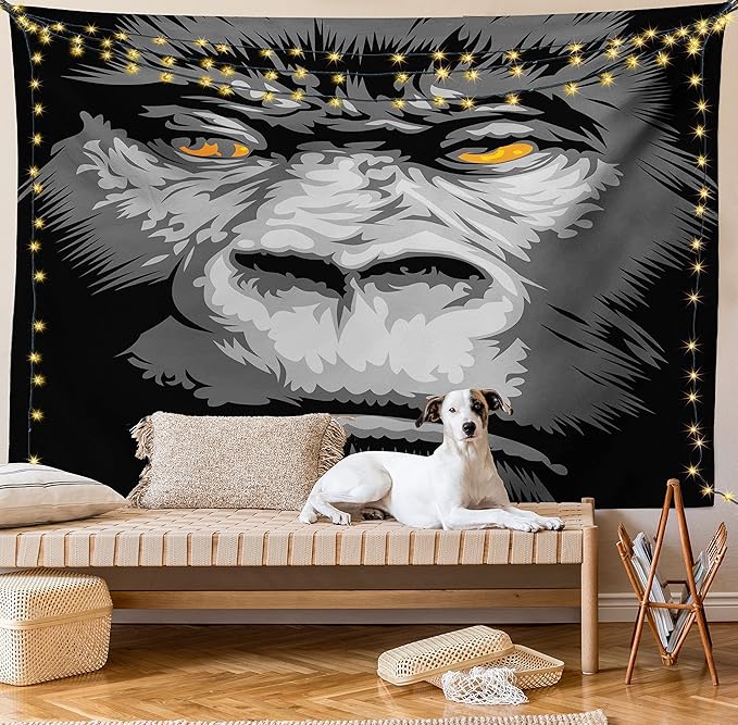 Ambesonne Modern Tapestry King Size, Close up Gorilla Portrait with Orange Eyes Zoo Jungle Animal Wild Money Graphic, Wall Hanging Bedspread Bed Cover Wall Decor, 104" X 88", Grey Marigold