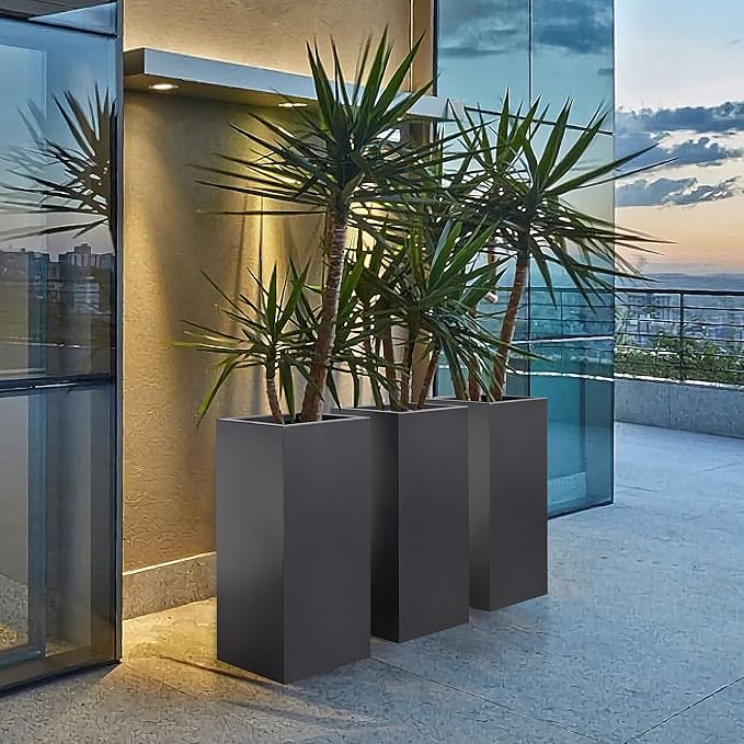 Wallowa Metallic Heavy Tall Outdoor/Indoor Planter Box, Rectangular, 14Lx14Wx30H Inches, ‎25LBS/PC, Dark Gray, No Assembly Required and Seamless, Set of 2