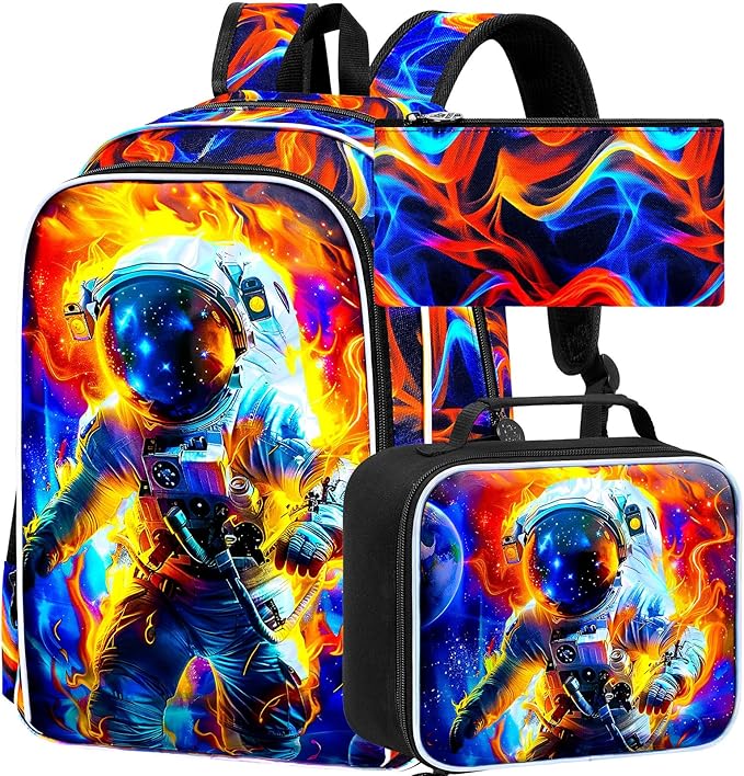 KLFVB 3PCS School Backpack for Kids, 17" Astronaut Backpack and Lunch Box, Water Resistant Teenagers School Backpacks for Middle Elementary - Flame Space Adventure