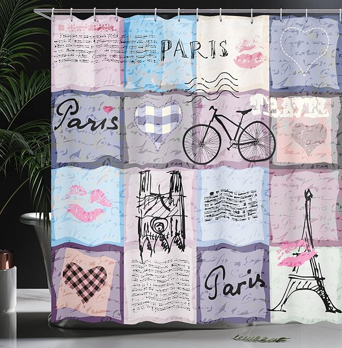 Ambesonne Paris Shower Curtain, Grunge Textured Retro Collage of France Famous Object Eiffel Tower Europe Theme, Cloth Fabric Bathroom Decor Set with Hooks, 69" W x 84" L, Multicolor Lilac