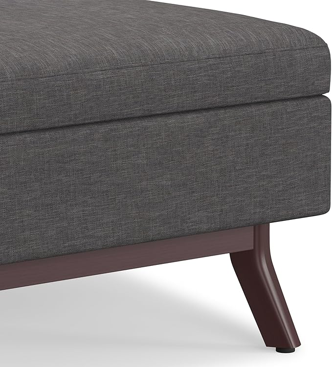 SIMPLIHOME Owen Coffee Table Storage Ottoman - 34 inch Wide Upholstered Linen Look Fabric Rectangular Lift-Top Ottoman in Slate Grey, Mid-Century Modern Bench for Living Room with Tapered Legs
