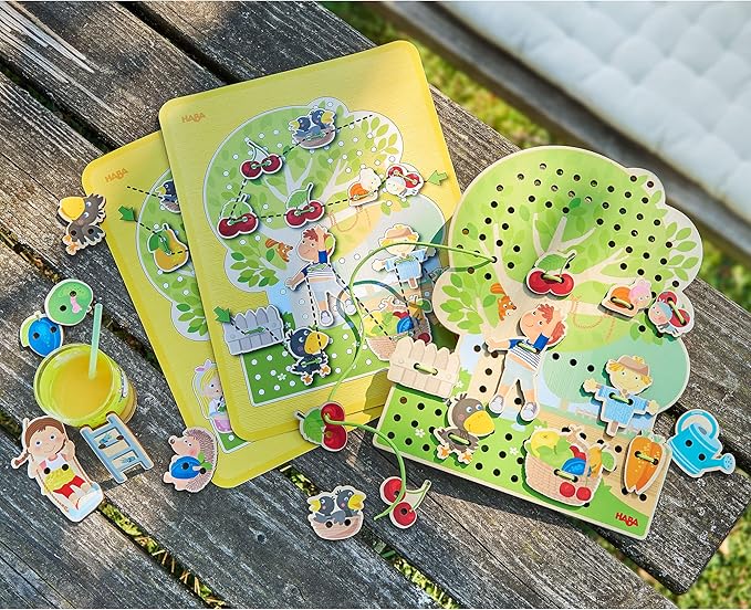 HABA Orchard Threading Game for Kids Ages 3-5, Lacing Tiles for Fine Motor Skills Development, Montessori Learning Toy for Preschoolers with 31 Fruit & Character Tiles