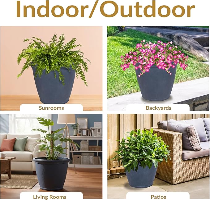 Sunnydaze 24-Inch Anjelica Large Plastic Pot for Plants - Double-Walled Outdoor Polyresin Round Planter Porch Pot with Drillable Drainage Holes - Slate