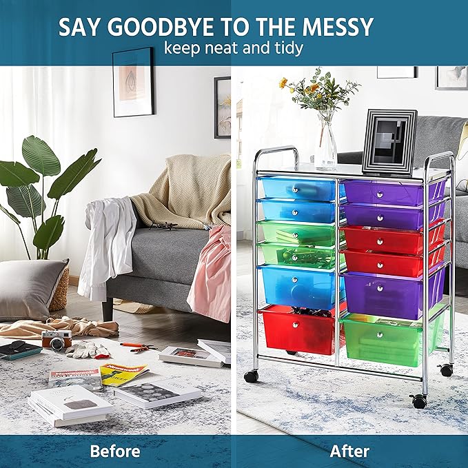 Yaheetech 12 Drawers Rolling Storage Cart Multipurpose Movable Organizer Cart Tools Scrapbook Paper Organizer on Wheels, Multicolor