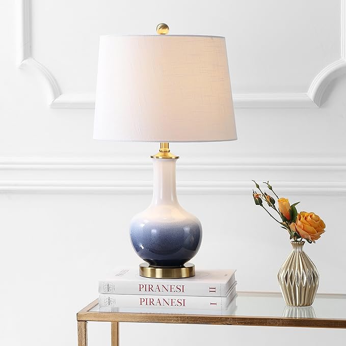 JONATHAN Y JYL3019A Gradient 25" Ceramic/Brass LED Table Lamp Contemporary Traditional Bedside Desk Nightstand Lamp for Bedroom Living Room Office College Bookcase LED Bulb Included, White/Navy