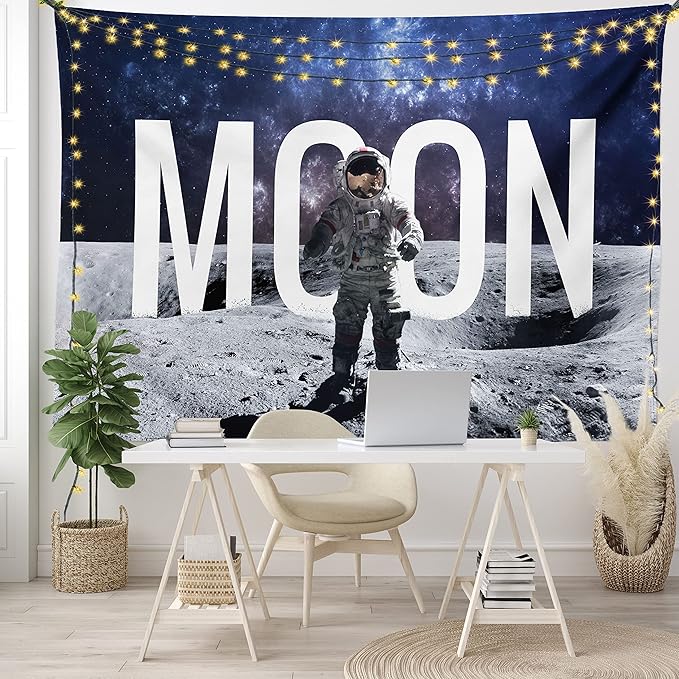 Ambesonne Outer Space Tapestry, Miniature Toy Astronaut on The Foreground of Giant Moon Big Bang Mars Print, Fabric Wall Hanging Decor for Bedroom Living Room Dorm, 28" X 23", Grey Blue