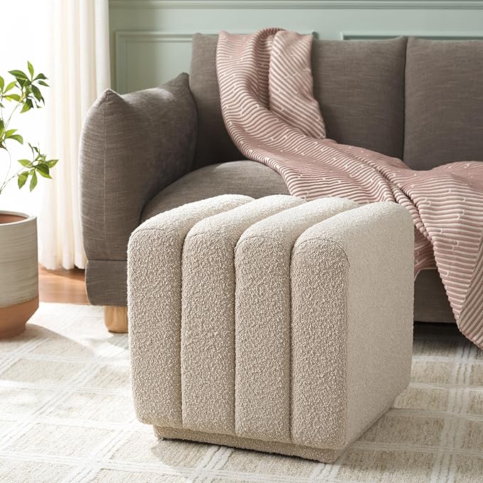 SAFAVIEH Home Collection Joseph Beige Boucle Channel Tufted Square Ottoman Seat Foot Rest (Fully Assembled)