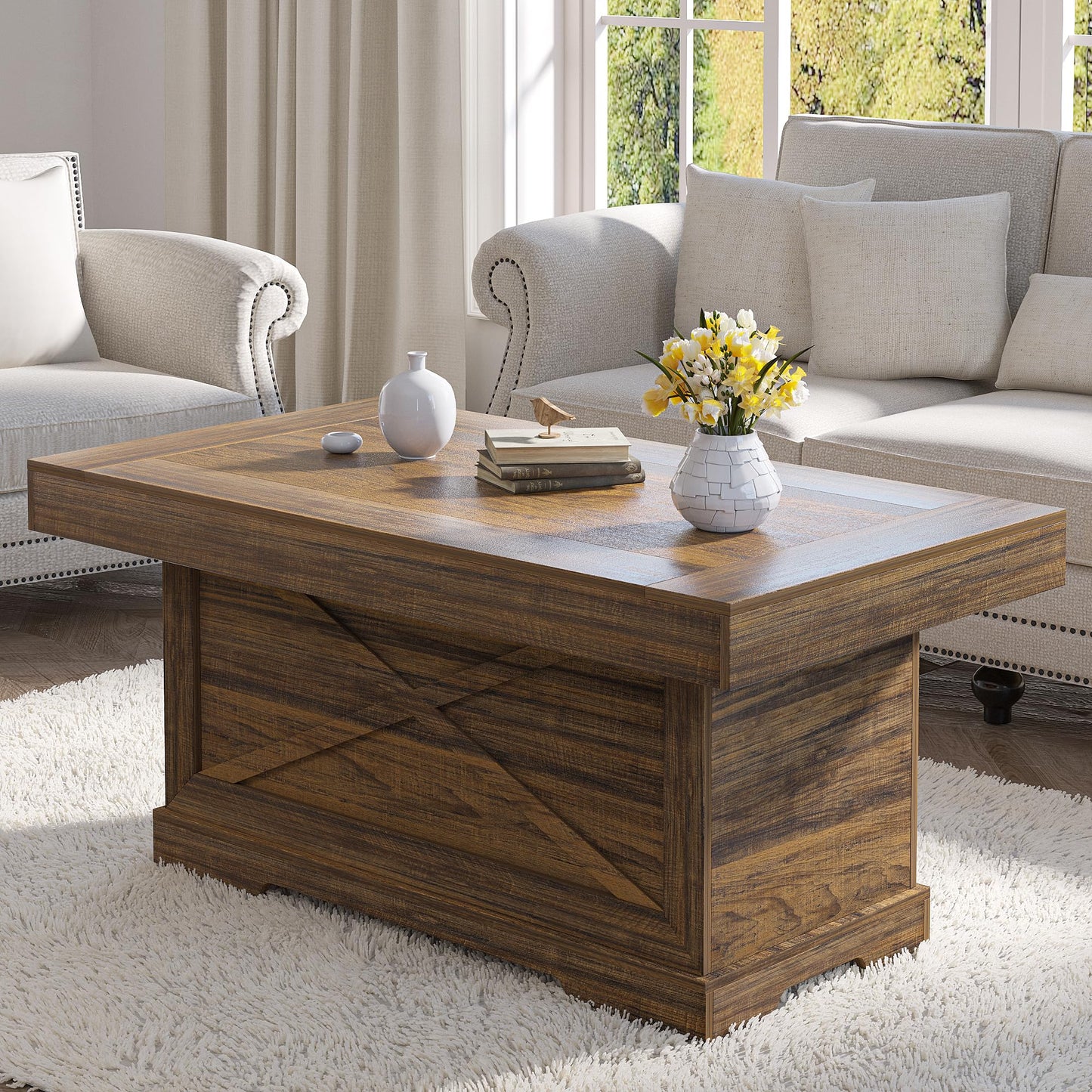 Lareth Coffee Table 39 in Rustic Center Table with X-Design Wooden Pedestal for Living Room, Space Saving, Easy Assembly Rectangle Home Office Tea Accent Table for Dining Room Apartment, Walnut