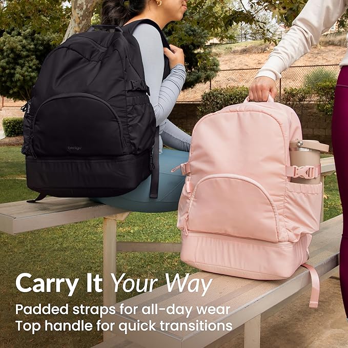 Bentgo 2-in-1 Adult Backpack & Insulated Lunch Bag – Lightweight, Water-Resistant Travel Backpack with 9 Compartments, Laptop Sleeve & Trolley Sleeve for Work & Everyday Use (Soft Blush)