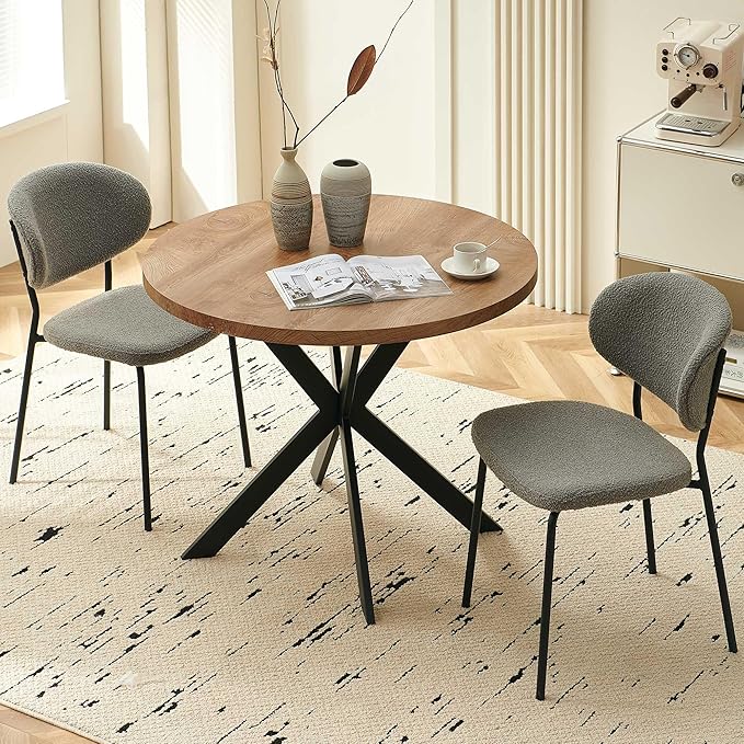 Modern Dining Table Set for 2, 3-Piece Set, 37" Round MDF Coffee Table With 2 Seated Grey Boucle Chairs Upholstered, Metal Legs for Dining Hall, Living Room