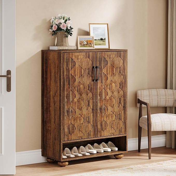 Tribesigns Shoe Cabinet with Doors, 6-Tier Shoe Rack with Solid Wood Feet and Adjustable Shelves, 43.3" Tall Storage Cabinet for Entryway, Hallway, Bedroom (Walnut)