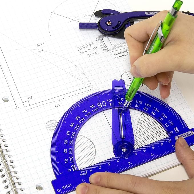 BAZIC PRODUCTS Geometry Set with Pencil Compass – Scale Ruler, HB Wood Pencil, Compass and Protractor Set for Students and Professionals, Ideal Use for Art and Drafting Tools, 144-Packs
