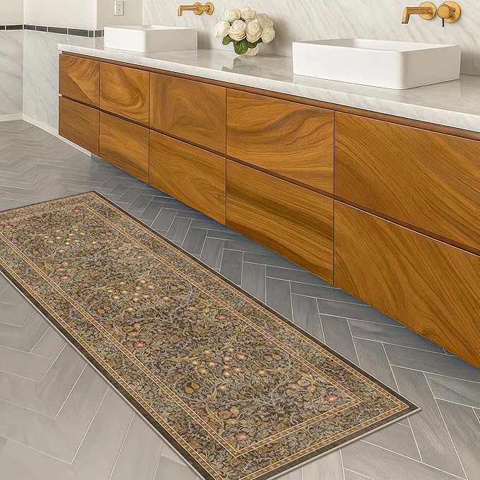 Non Slip 2x7 Gold Brown Hallway Runner - Long Runner Rugs for Bathroom, Washable Kitchen Floor Mat, Bedroom Bedside - Brown Earthy Vintage Floral Décor