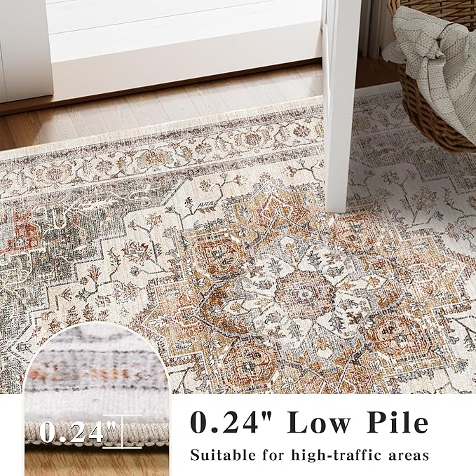 2x6 Vintage Runner Rug Low Pile Runners Non-Slip Machine Washable Rug Retro Distressed Print Lightweight Carpet for Hallway Kitchen Living Room Bedroom Laundry Room