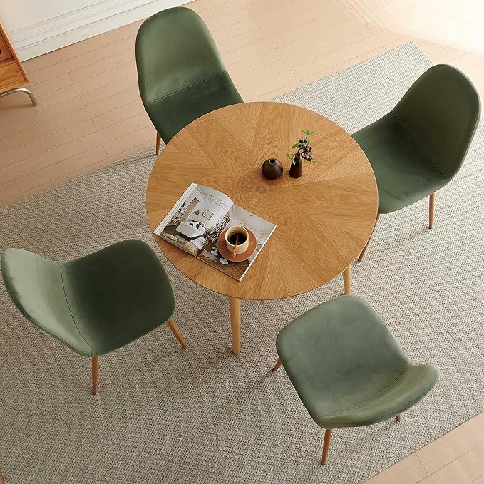 Small Oak Round Dining Table Set for 4, Modern 35'' Kitchen Coffee Table with 4 Green Velvet Dining Chairs for Dining Room Apartment
