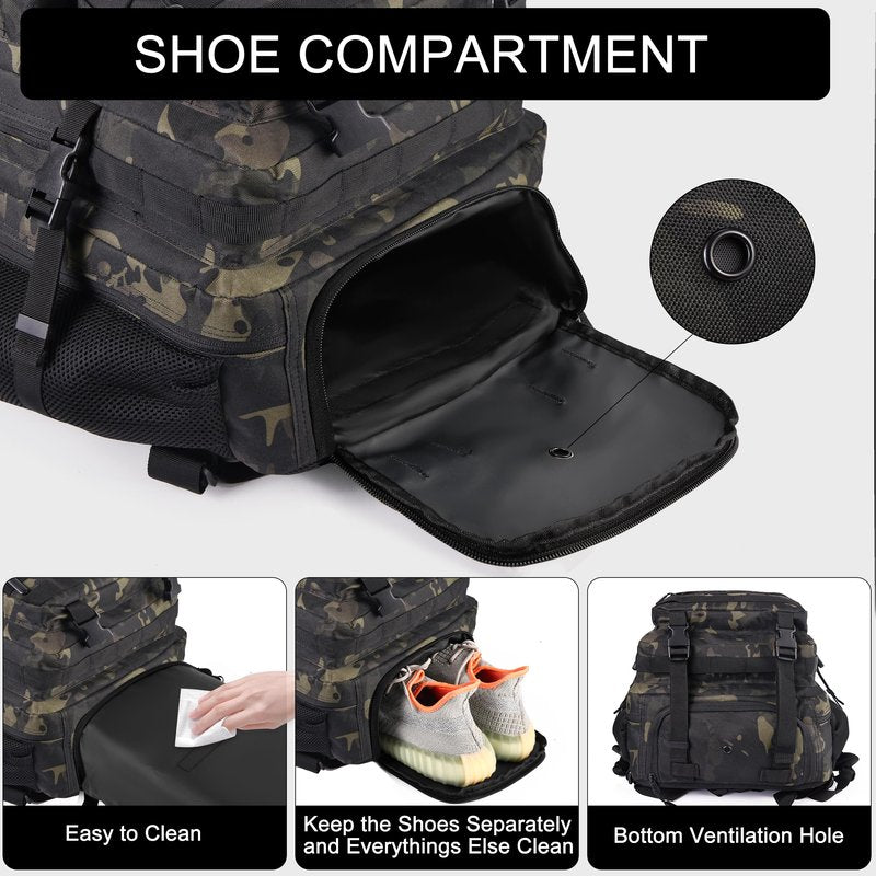 LHI Military Tactical Backpack for Men and Women 50L Army 3 Days Assault Pack Bag Large Rucksack with Shoe Compartment - Black CP