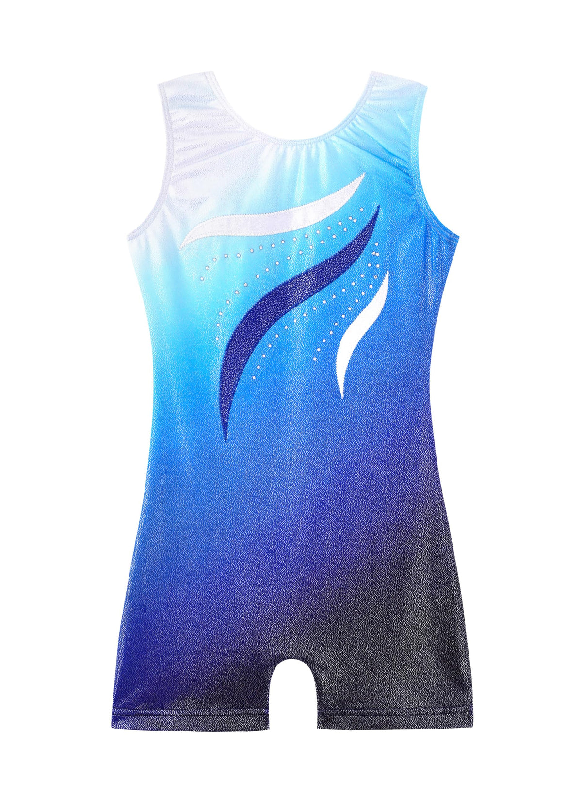 HOZIY Gymnastics Leotards for Girls with Shorts Size 8-9 Years Biketard Blue White Ombre Ribbons Diamond Rhinestones Sparkly