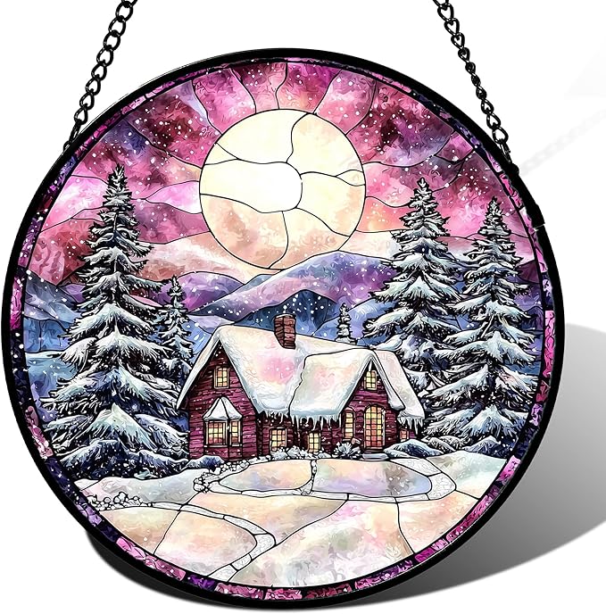 Stained Glass Window Hanging - Winter Snow Scene Cabin Moon Sun Catcher for Door Garden Home Decor Pine Tree Suncatcher Christmas Mother's Day Birthday Gifts for Women Men Mom Nana 7.8 in