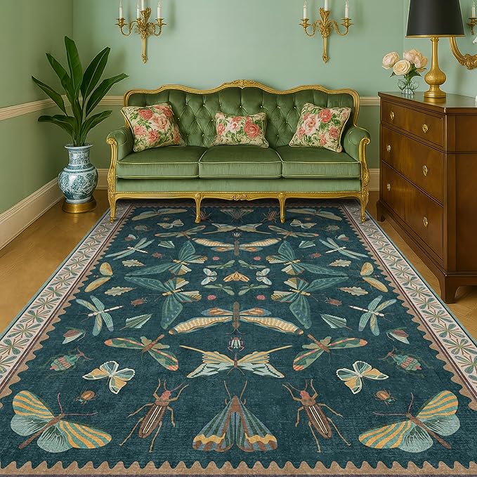 Insect Blue Green Living Room Rug 5x8 - Washable Area Rug for Bedroom, Dining Room, Kids Playroom, Home Office, Boho Butterfly Non Slip Stan Resistant