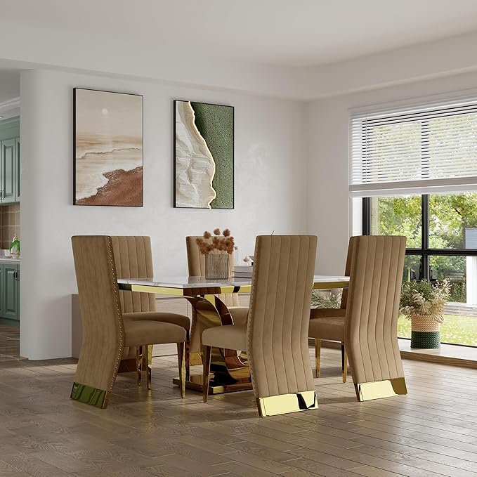 AUZ Dining Chairs with Nail Head Trim, Modern Velvet Upholstered Dining Room Chairs in Lovely Color with Polished Gold Stainless Steel Legs, Set of 2