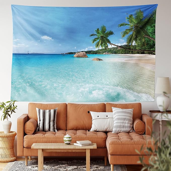 Ambesonne Ocean Tapestry King Size, Anse Lazio Beach at Praslin Island Surfing Beach Scenic View Travel, Wall Hanging Bedspread Bed Cover Wall Decor, 104" X 88", Blue and Turquoise