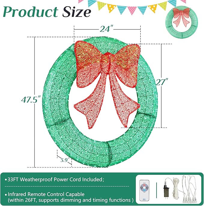 Sweetcrispy Pre-Lit Christmas Wreath, LED Lighted Holiday Outdoor Decoration with Bow for Door, Mantel, Wall, Windows, Front Door Decor, 47.5in Green Wreath - Red Bow