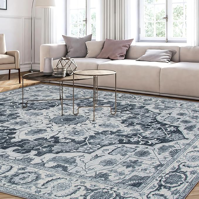 WILLSUN Washable Area Rugs, 8x10 Non-Slip Boho Large Area Rugs for Living Room, Bedroom, Machine Washable Vintage Rug, Indoor Floral Print Carpet for Home Decor, Kid & Pet Friendly Mat