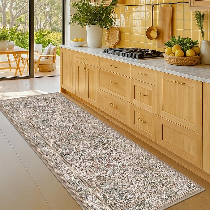 Moss Green 2'6" x 10' Long Runners for Hallways Non Slip, Vintage Washable Rugs for Kitchen, Entryway Stain Resistant with Rubber Backing - Vintage Taupe Brown Floral Décor