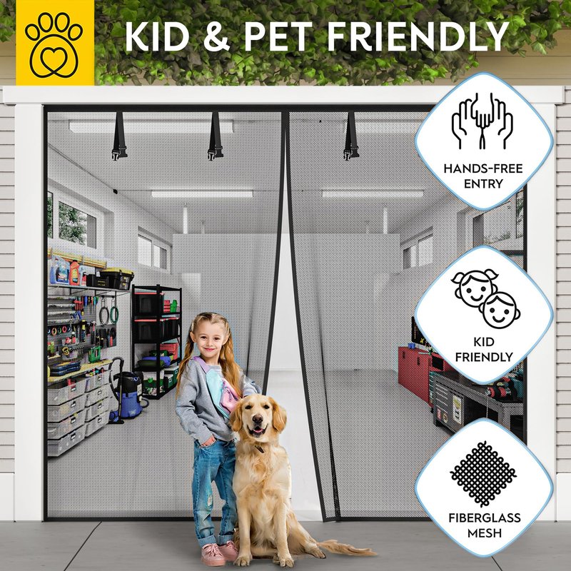 AUGO Garage Door Screen, 2 Car 8x7FT, Fiberglass mesh with Magnetic Closure, Heavy Duty Weighted Bottom, Easy Assembly & Pass, Hands Free Screen Door